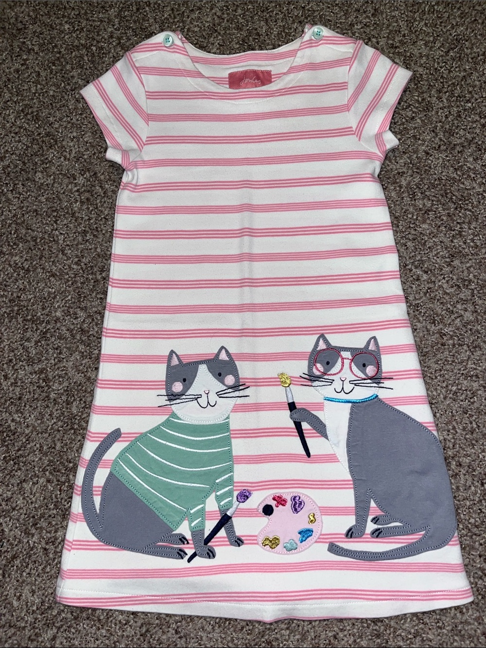 Joules Pink & White Stripe dress with Playful Cat Appliqués